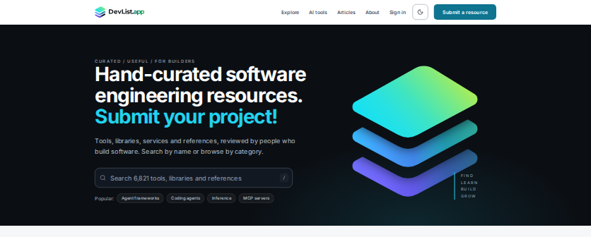 Screenshot of the DevList.app landing page